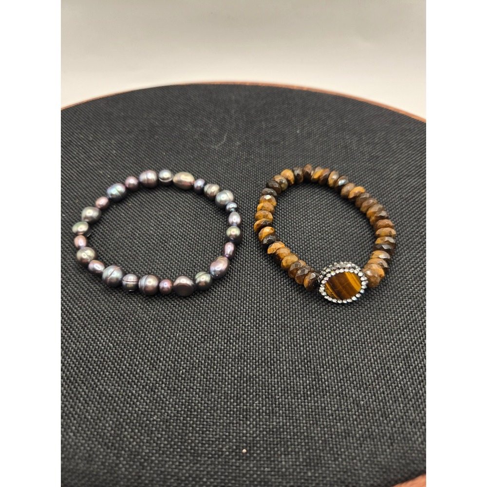 Set of 2 Stretch Bracelets Black Freshwater Pearl and Tiger's Eye Rhinestone